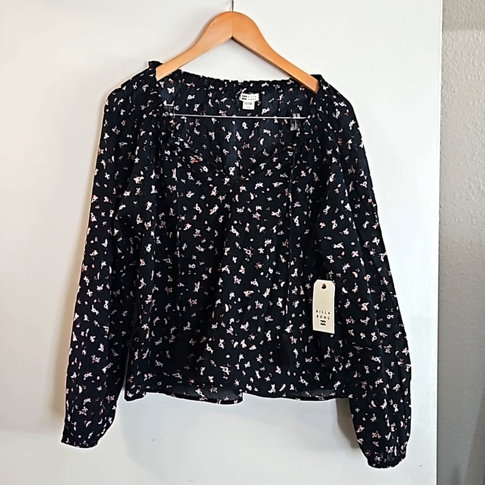 Billabong Black Floral Long-Sleeve Peasant Blouse